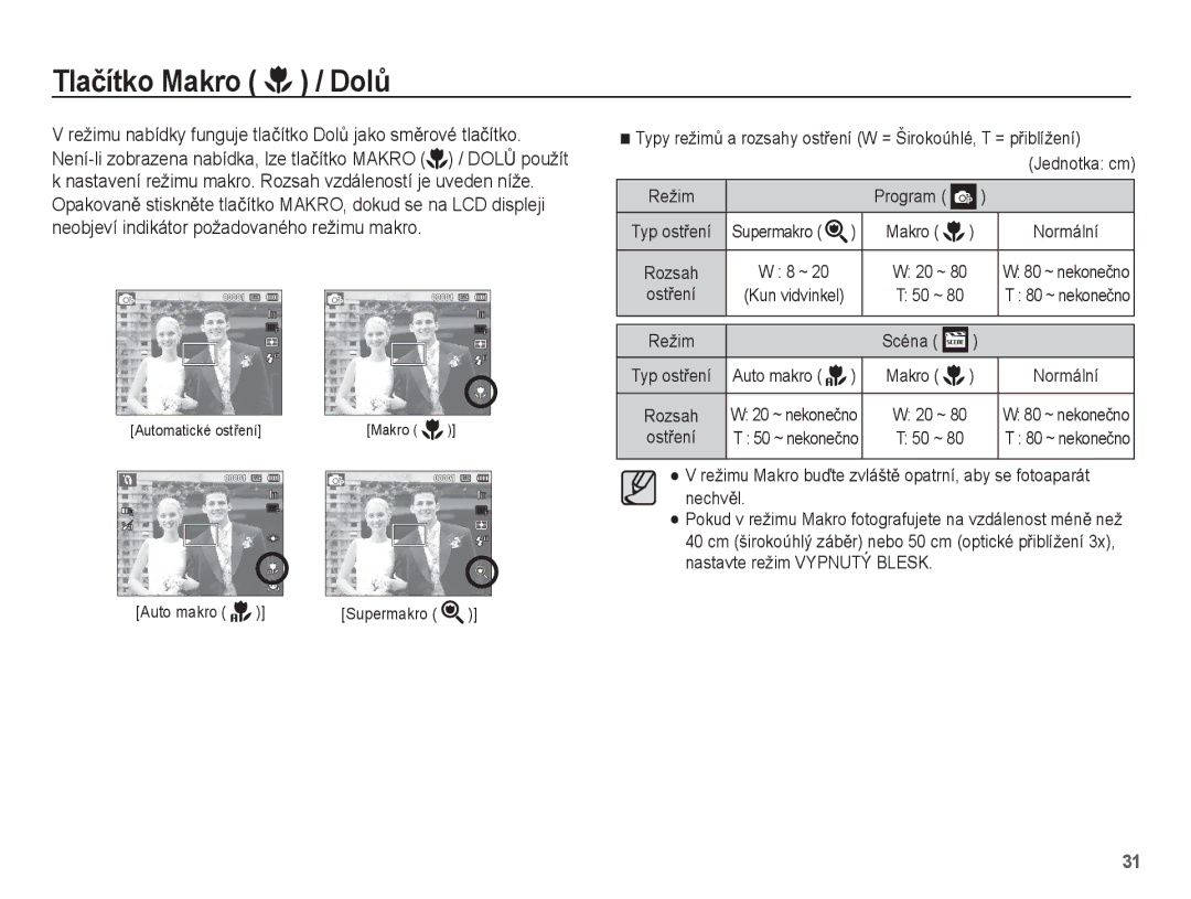 Samsung EC-ST60ZZBPRE3, EC-ST60ZZBPBE3, EC-ST60ZZBPSE3 Tlaþítko Makro / DolĤ, Režim, Supermakro Makro, Auto makro Makro 