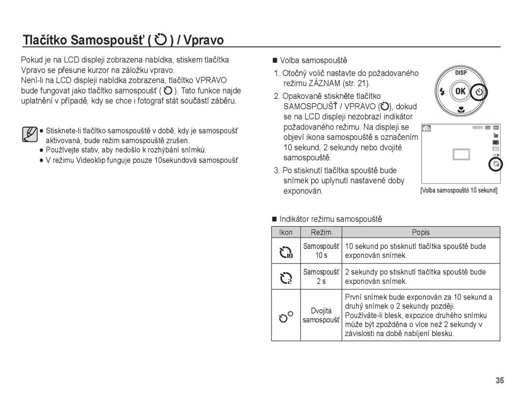 Samsung EC-ST60ZZBPRE3 manual Tlaþítko SamospoušĢ / Vpravo, Volba samospouštČ, Exponován, Indikátor režimu samospouštČ 