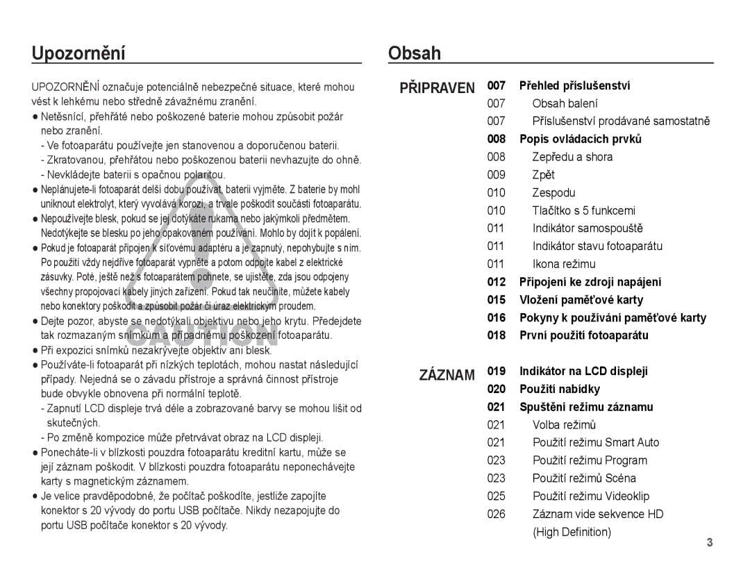 Samsung EC-ST60ZZBPRE3, EC-ST60ZZBPBE3, EC-ST60ZZBPSE3 manual UpozornČní Obsah, Nevkládejte baterii s opaþnou polaritou 