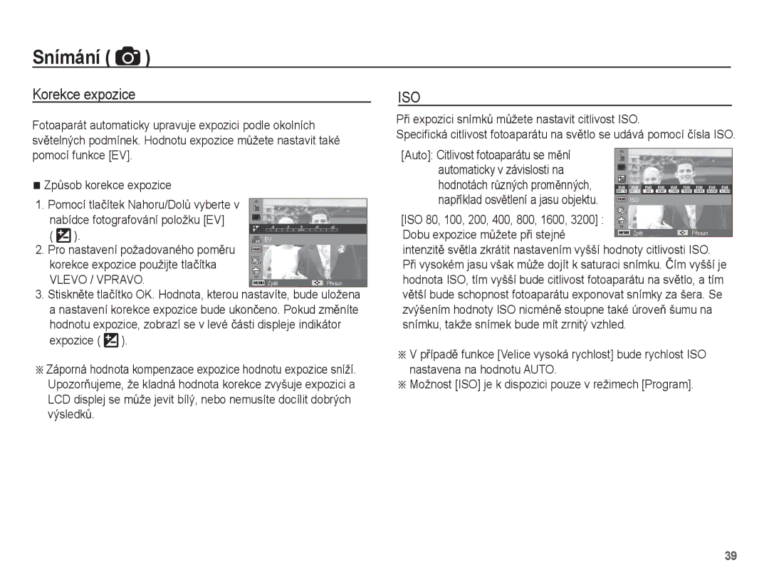 Samsung EC-ST60ZZBPRE3, EC-ST60ZZBPBE3 manual Nabídce fotografování položku EV, Korekce expozice použijte tlaþítka 