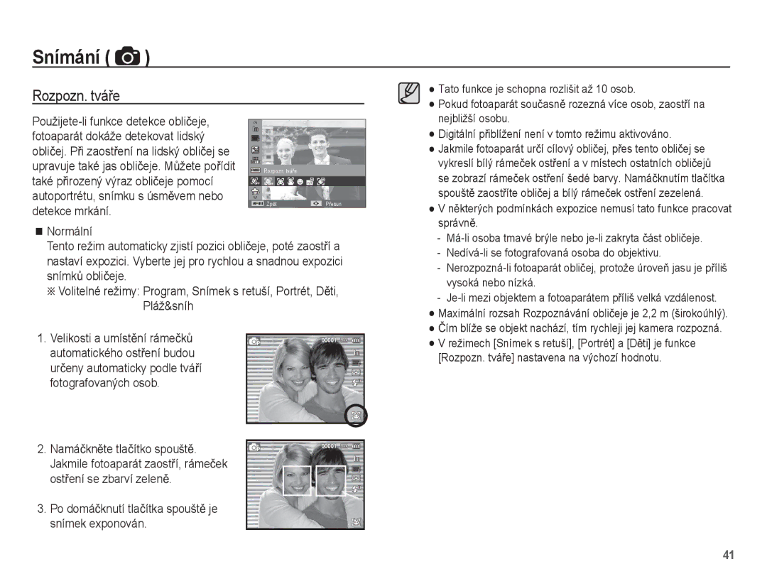 Samsung EC-ST60ZZBPSE3, EC-ST60ZZBPRE3, EC-ST60ZZBPBE3, EC-ST60ZZBPLE3 manual Rozpozn. tváĜe, Nejbližší osobu 