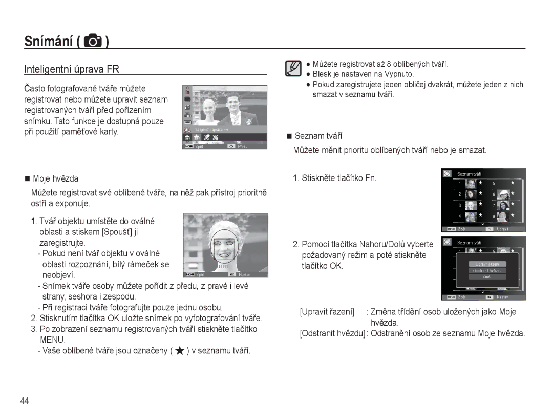 Samsung EC-ST60ZZBPBE3 manual Inteligentní úprava FR, Moje hvČzda, Zaregistrujte, Neobjeví, Strany, seshora i zespodu 