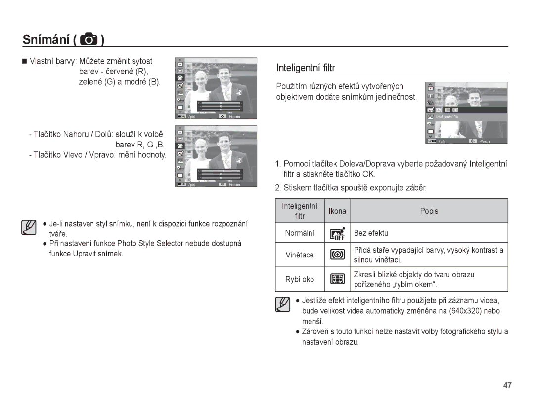 Samsung EC-ST60ZZBPRE3, EC-ST60ZZBPBE3, EC-ST60ZZBPSE3 manual Inteligentní ﬁltr, Tlaþítko Vlevo / Vpravo mČní hodnoty 