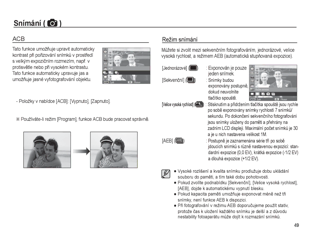 Samsung EC-ST60ZZBPSE3, EC-ST60ZZBPRE3, EC-ST60ZZBPBE3, EC-ST60ZZBPLE3 manual Režim snímání 