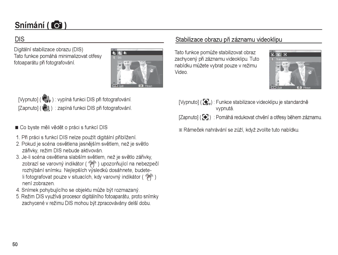Samsung EC-ST60ZZBPLE3, EC-ST60ZZBPRE3, EC-ST60ZZBPBE3, EC-ST60ZZBPSE3 manual Stabilizace obrazu pĜi záznamu videoklipu 