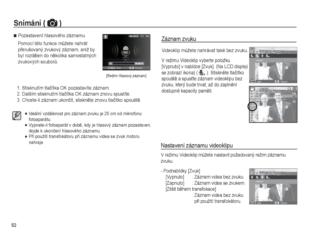 Samsung EC-ST60ZZBPBE3 manual Záznam zvuku, Nastavení záznamu videoklipu, Zapnuto, Ztišit bČhem transfokace, Nahraje 