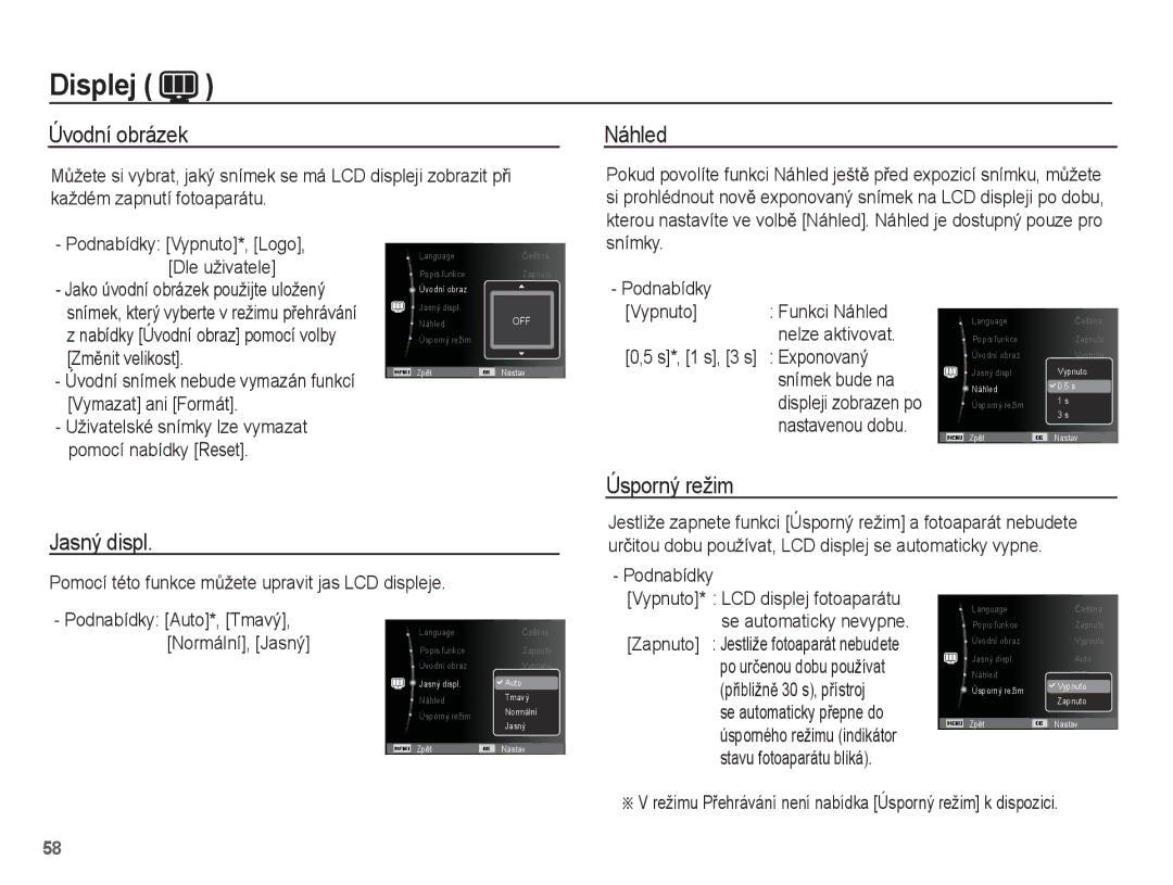 Samsung EC-ST60ZZBPLE3, EC-ST60ZZBPRE3, EC-ST60ZZBPBE3, EC-ST60ZZBPSE3 manual Jasný displ Úsporný režim 