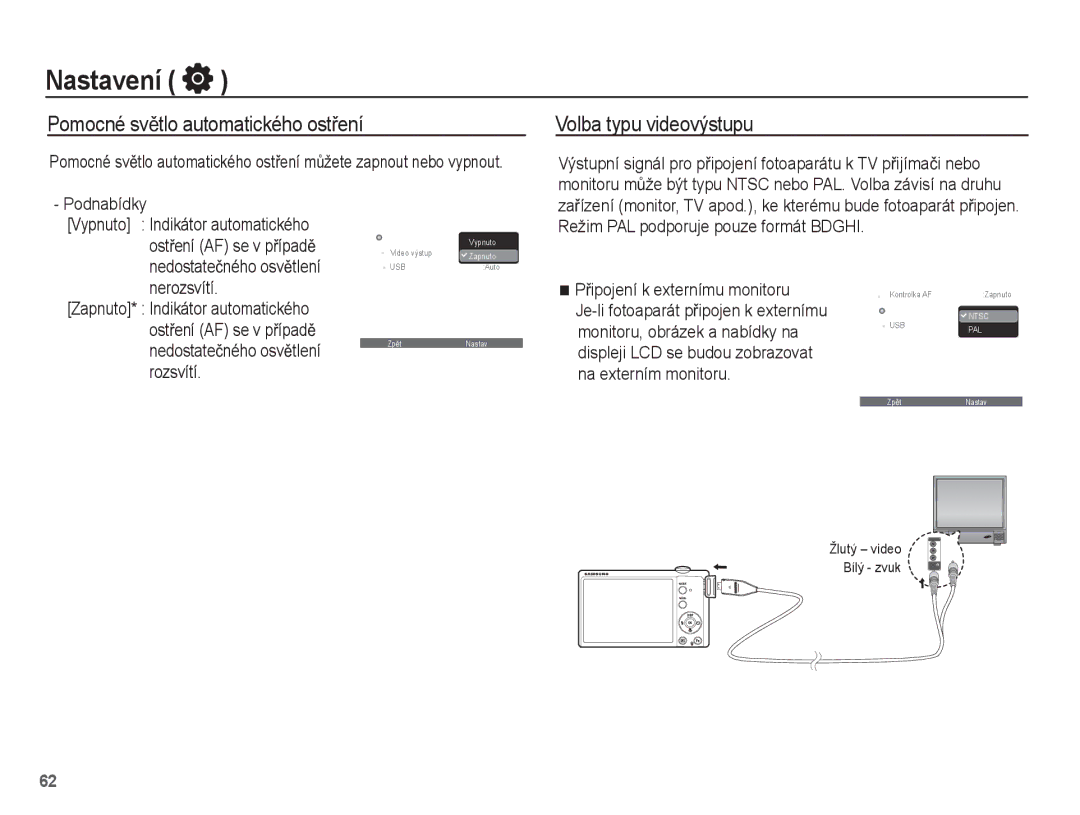 Samsung EC-ST60ZZBPLE3, EC-ST60ZZBPRE3 manual Pomocné svČtlo automatického ostĜení, Volba typu videovýstupu, Nerozsvítí 