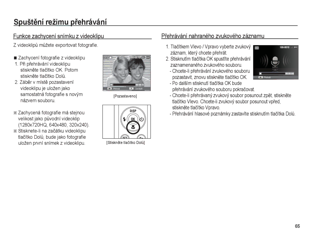 Samsung EC-ST60ZZBPSE3, EC-ST60ZZBPRE3 manual Funkce zachycení snímku z videoklipu, PĜehrávání nahraného zvukového záznamu 