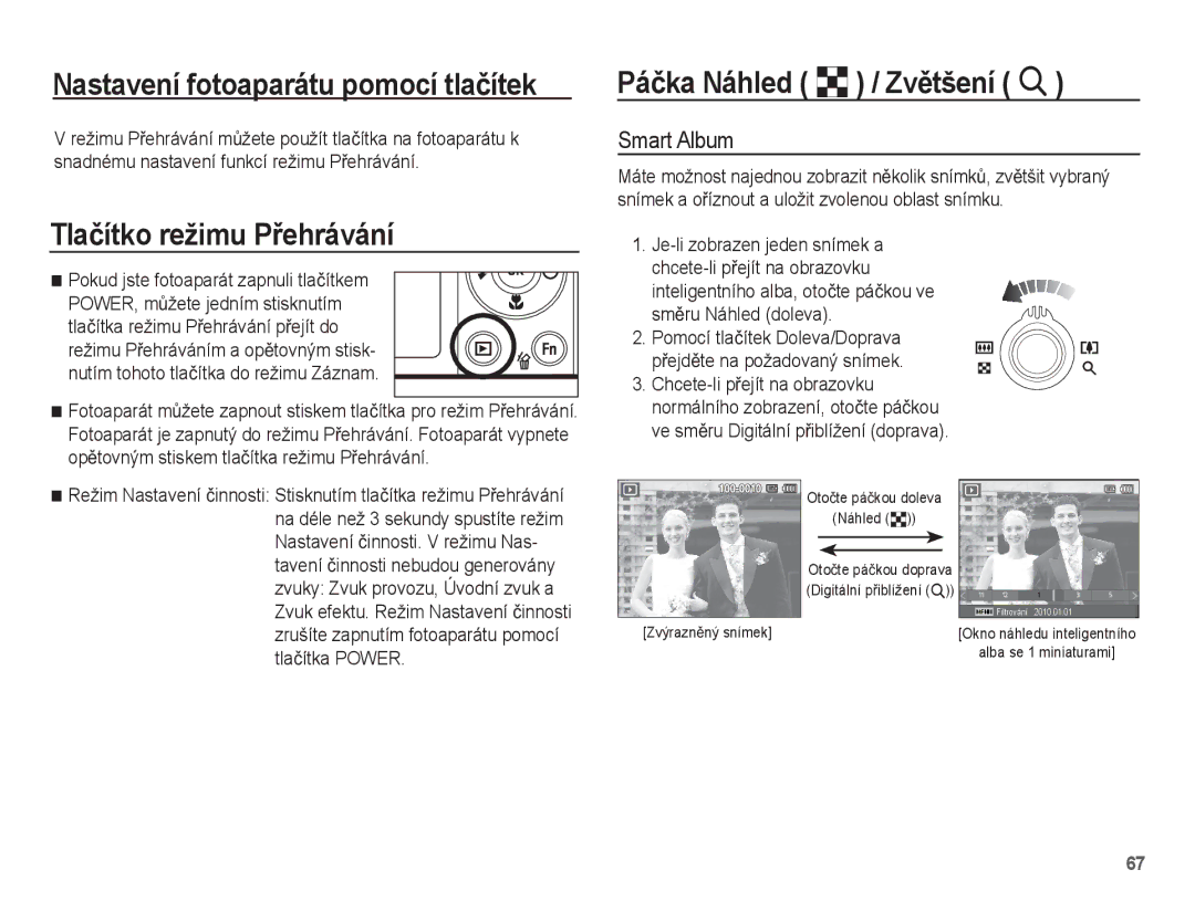 Samsung EC-ST60ZZBPRE3 Nastavení fotoaparátu pomocí tlaþítek, Tlaþítko režimu PĜehrávání, Páþka Náhled º / ZvČtšení í 