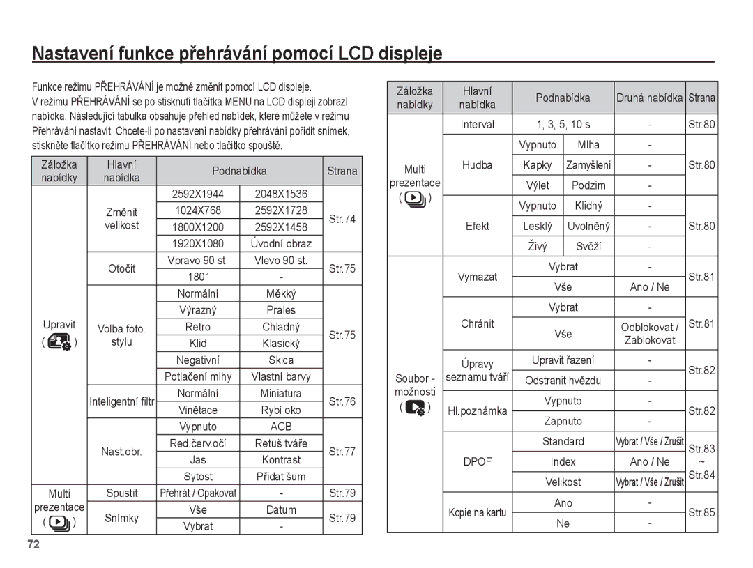 Samsung EC-ST60ZZBPBE3 Nastavení funkce pĜehrávání pomocí LCD displeje, Záložka Hlavní Podnabídka Strana, Velikost, Stylu 