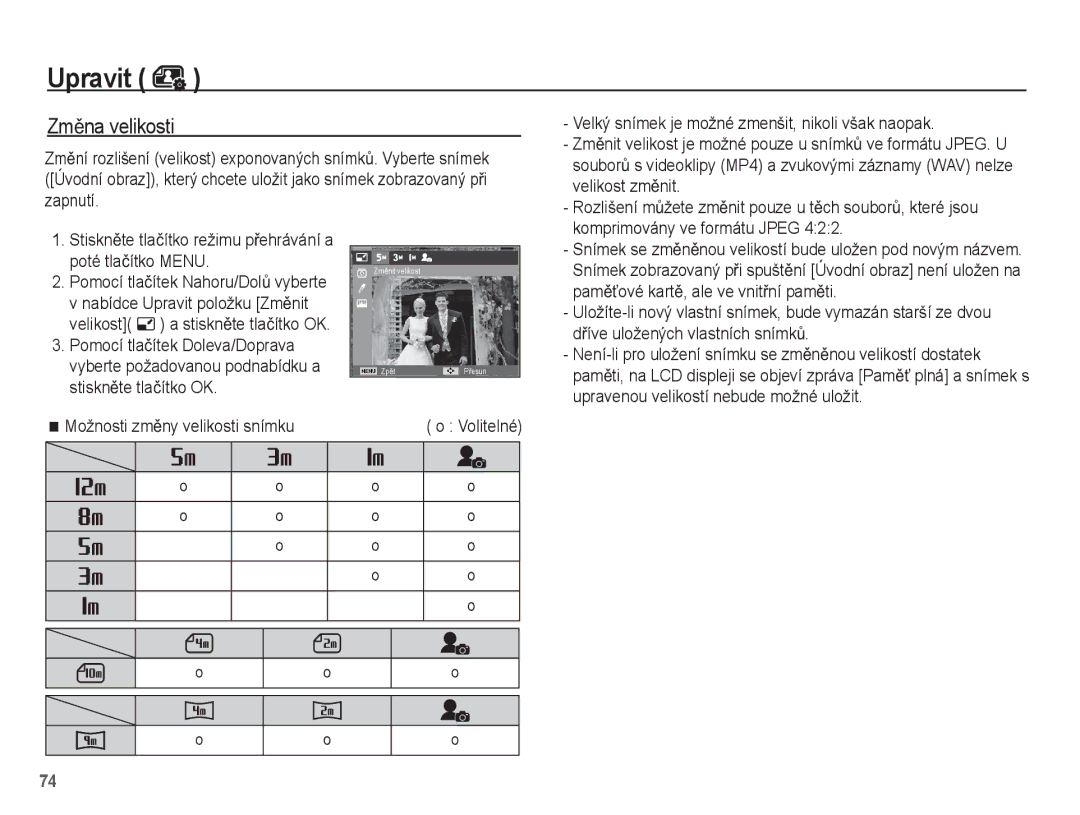 Samsung EC-ST60ZZBPLE3, EC-ST60ZZBPRE3, EC-ST60ZZBPBE3, EC-ST60ZZBPSE3 manual Upravit, ZmČna velikosti 