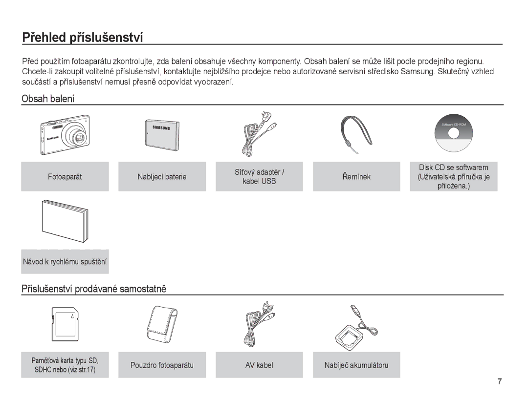 Samsung EC-ST60ZZBPRE3, EC-ST60ZZBPBE3 manual PĜehled pĜíslušenství, Obsah balení, PĜíslušenství prodávané samostatnČ 