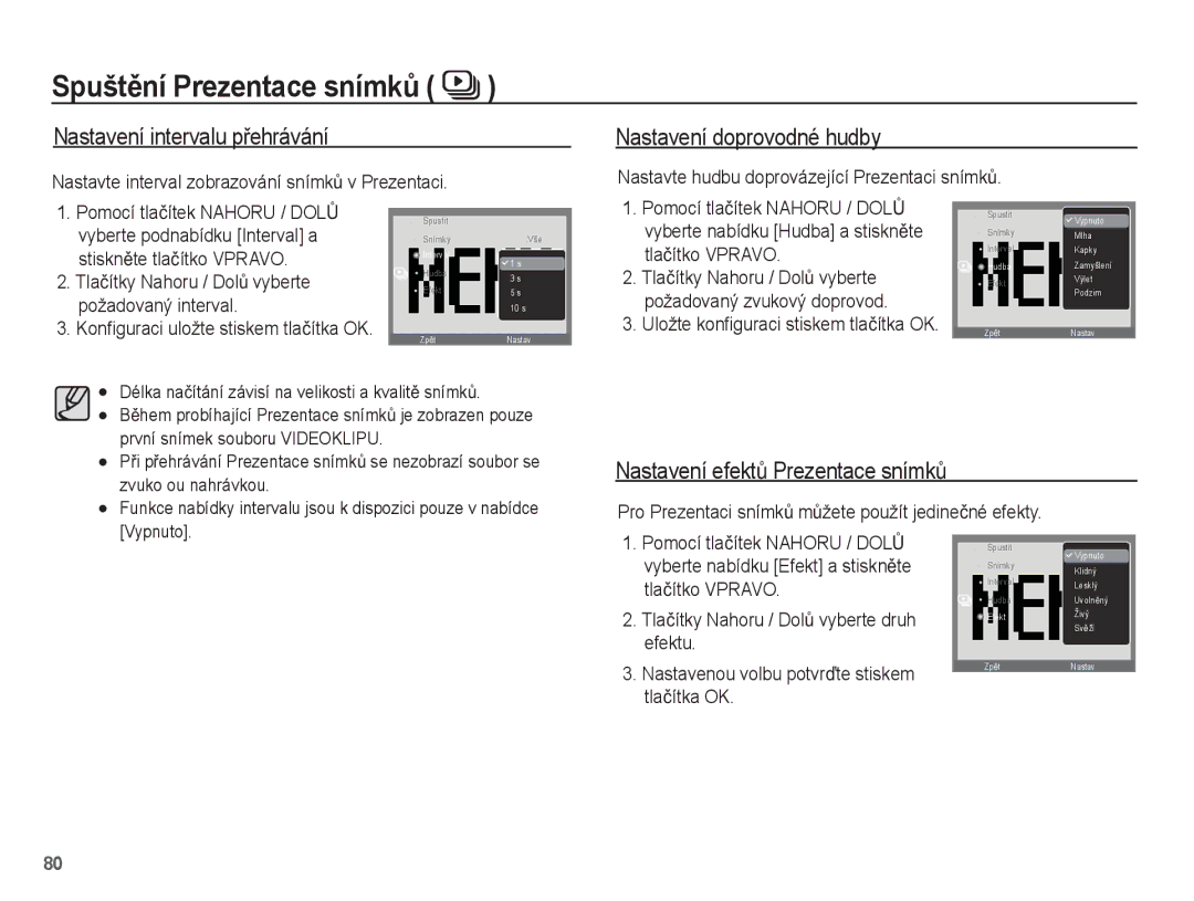 Samsung EC-ST60ZZBPBE3 Nastavení intervalu pĜehrávání, Nastavení doprovodné hudby, Nastavení efektĤ Prezentace snímkĤ 