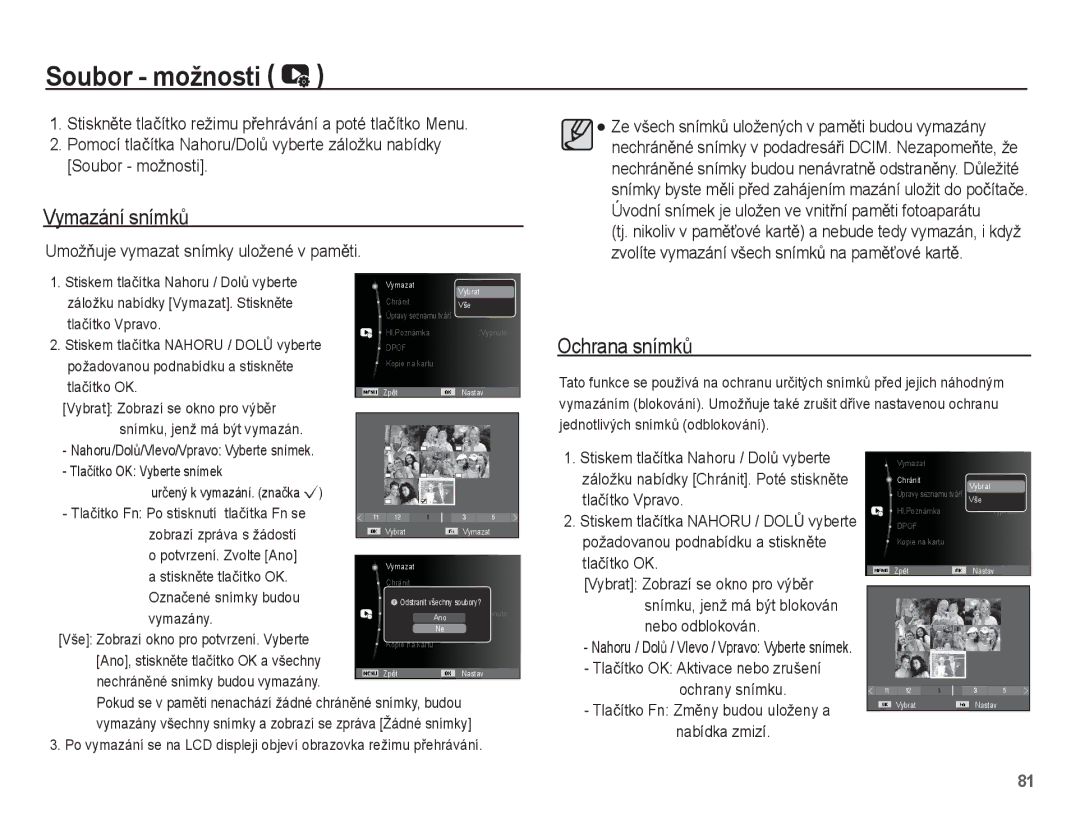 Samsung EC-ST60ZZBPSE3, EC-ST60ZZBPRE3, EC-ST60ZZBPBE3, EC-ST60ZZBPLE3 manual Soubor možnosti, Vymazání snímkĤ, Ochrana snímkĤ 