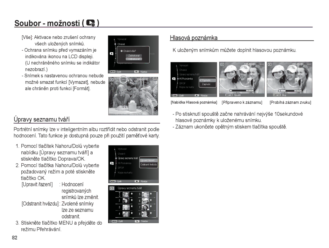 Samsung EC-ST60ZZBPLE3, EC-ST60ZZBPRE3 manual Úpravy seznamu tváĜí, Uloženým snímkĤm mĤžete doplnit hlasovou poznámku 