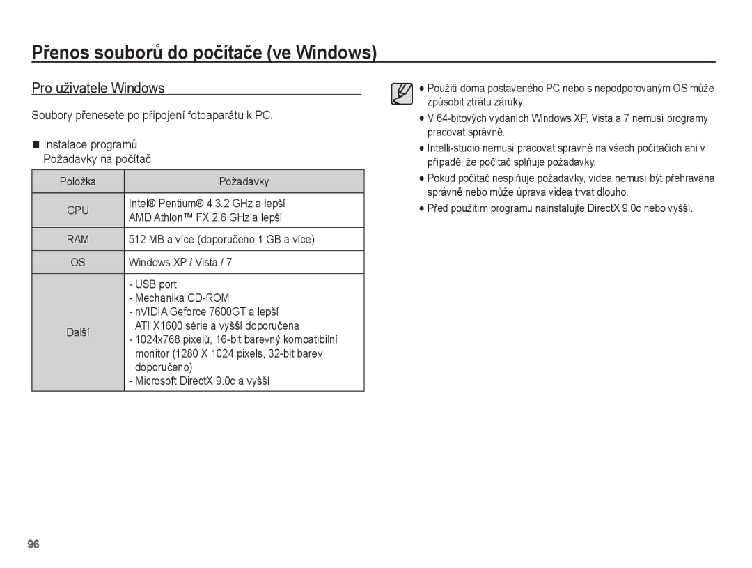 Samsung EC-ST60ZZBPBE3, EC-ST60ZZBPRE3, EC-ST60ZZBPSE3 manual PĜenos souborĤ do poþítaþe ve Windows, Pro uživatele Windows 