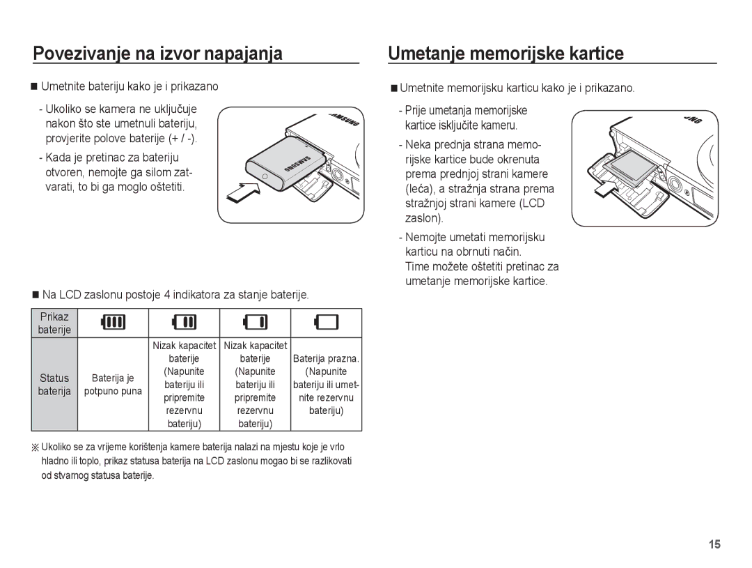 Samsung EC-ST60ZZBPRE3, EC-ST60ZZBPBE3 manual Umetanje memorijske kartice, Umetnite bateriju kako je i prikazano, Prikaz 