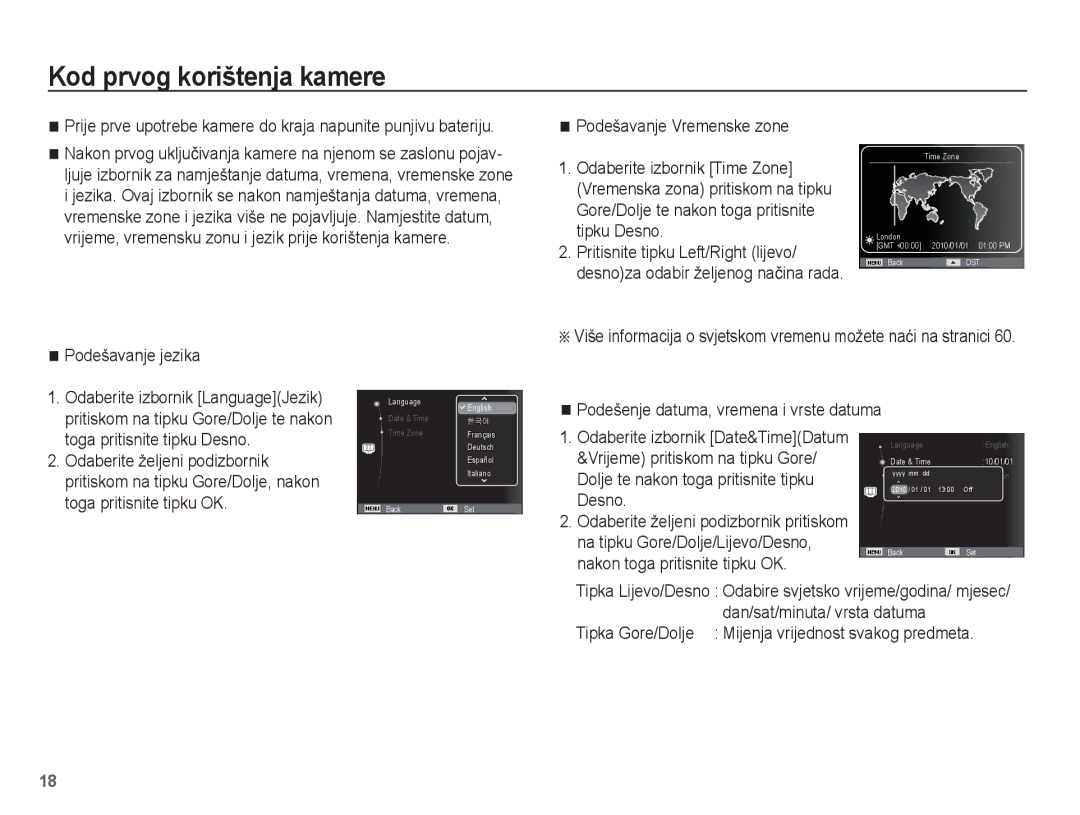 Samsung EC-ST60ZZBPLE3, EC-ST60ZZBPRE3, EC-ST60ZZBPBE3, EC-ST60ZZBPSE3 manual Kod prvog korištenja kamere, Podešavanje jezika 