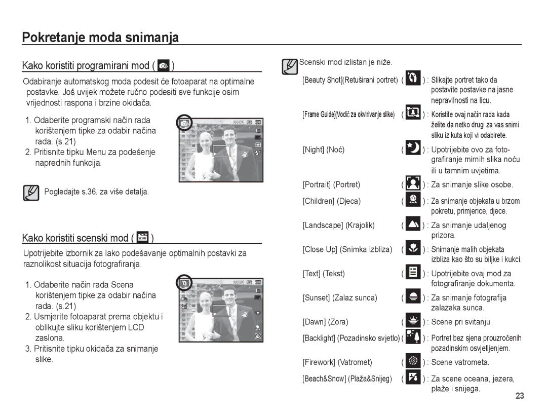 Samsung EC-ST60ZZBPRE3, EC-ST60ZZBPBE3, EC-ST60ZZBPSE3 manual Kako koristiti programirani mod, Kako koristiti scenski mod 