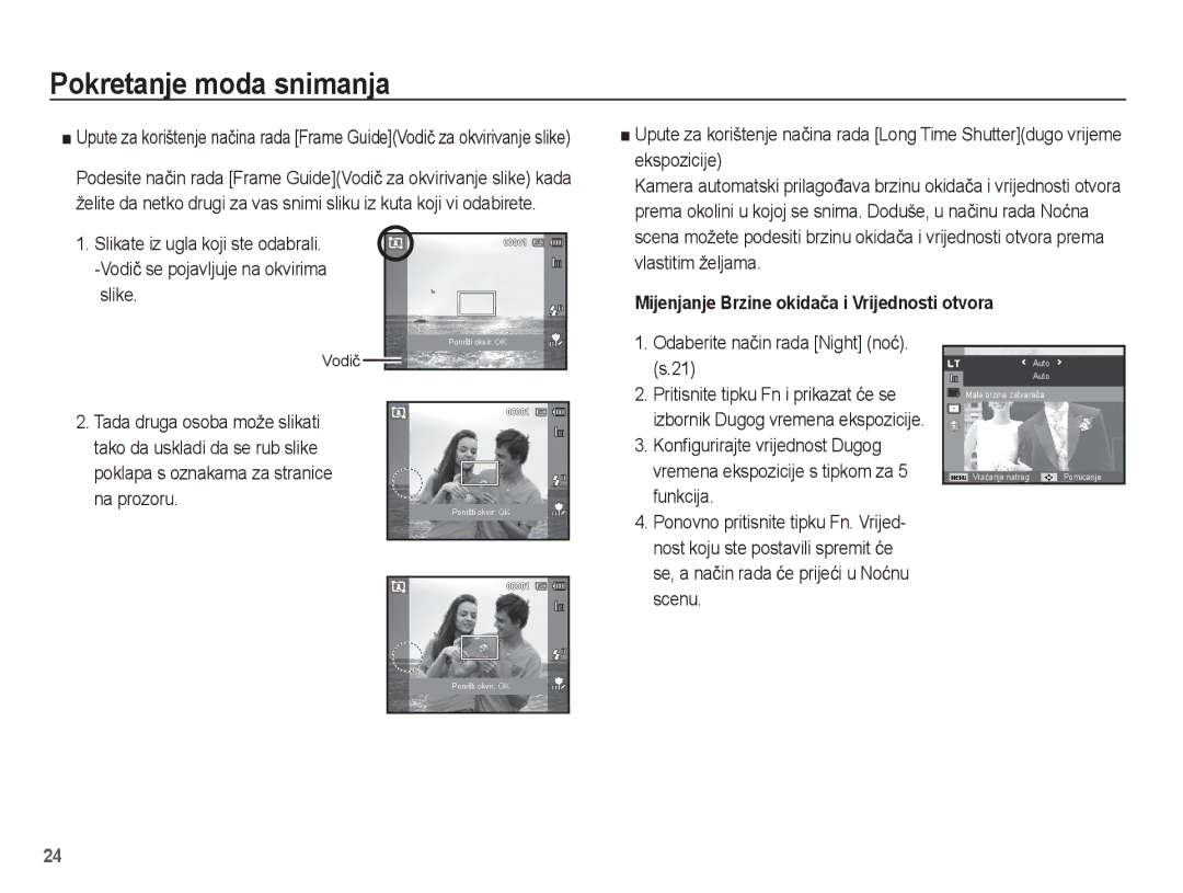 Samsung EC-ST60ZZBPBE3 manual Mijenjanje Brzine okidaþa i Vrijednosti otvora, Odaberite naþin rada Night noü. s.21 