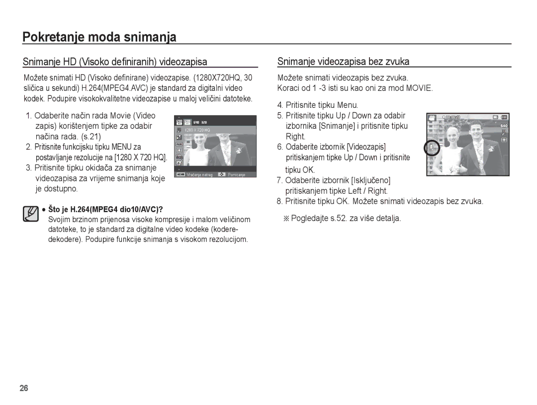 Samsung EC-ST60ZZBPLE3 Snimanje HD Visoko deﬁniranih videozapisa, Snimanje videozapisa bez zvuka, Pritisnite tipku Menu 