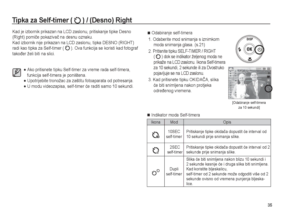 Samsung EC-ST60ZZBPRE3 Tipka za Self-timer / Desno Right, Odabiranje self-timera, Pritisnite tipku SELF-TIMER / Right 