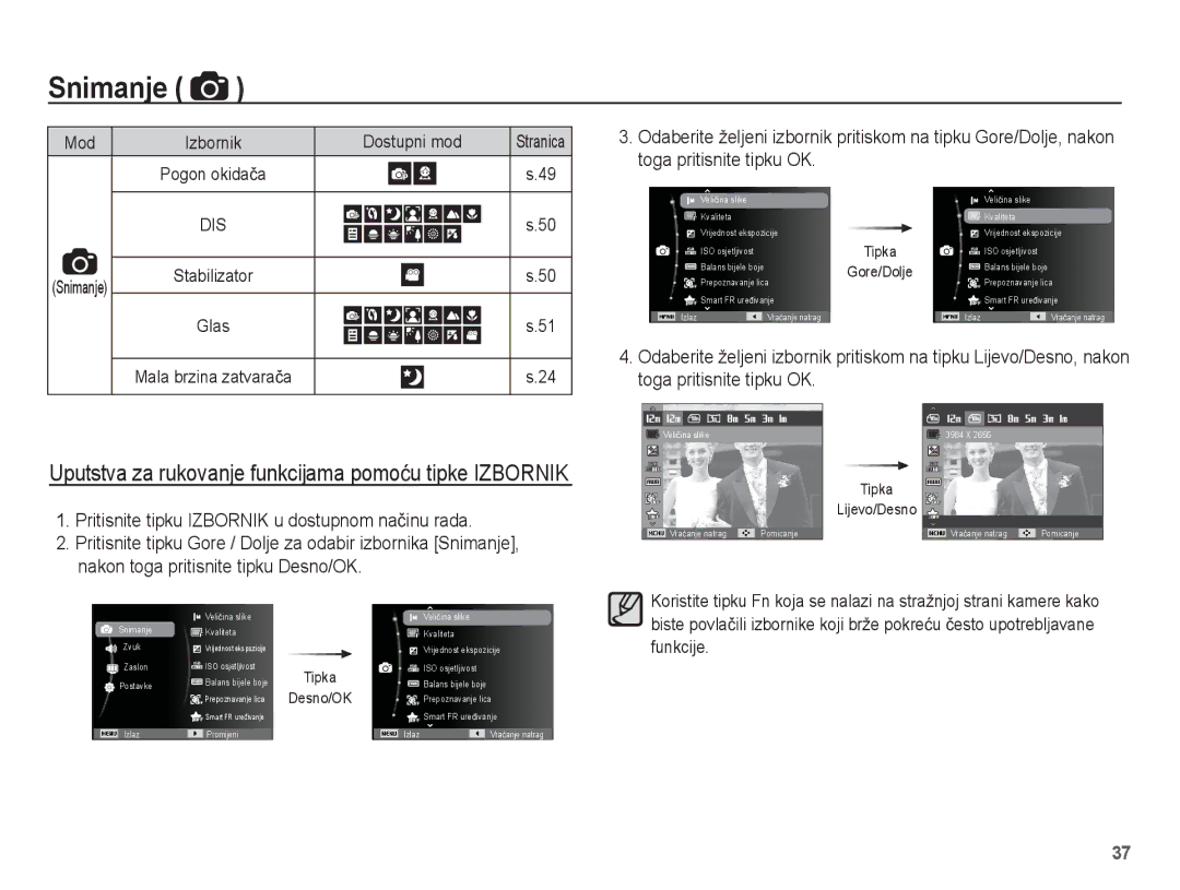 Samsung EC-ST60ZZBPSE3, EC-ST60ZZBPRE3, EC-ST60ZZBPBE3, EC-ST60ZZBPLE3 manual Snimanje, Toga pritisnite tipku OK 