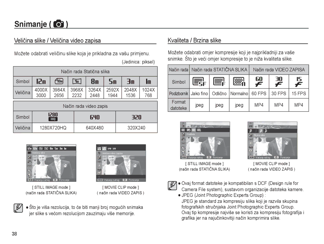 Samsung EC-ST60ZZBPLE3, EC-ST60ZZBPRE3, EC-ST60ZZBPBE3 Veliþina slike / Veliþina video zapisa, Kvaliteta / Brzina slike 