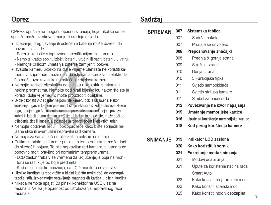 Samsung EC-ST60ZZBPRE3, EC-ST60ZZBPBE3, EC-ST60ZZBPSE3, EC-ST60ZZBPLE3 manual Oprez, Sadržaj 