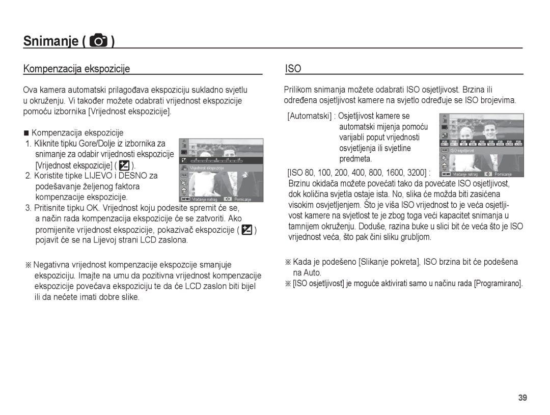 Samsung EC-ST60ZZBPRE3, EC-ST60ZZBPBE3 manual Kompenzacija ekspozicije, Automatski Osjetljivost kamere se, Predmeta 