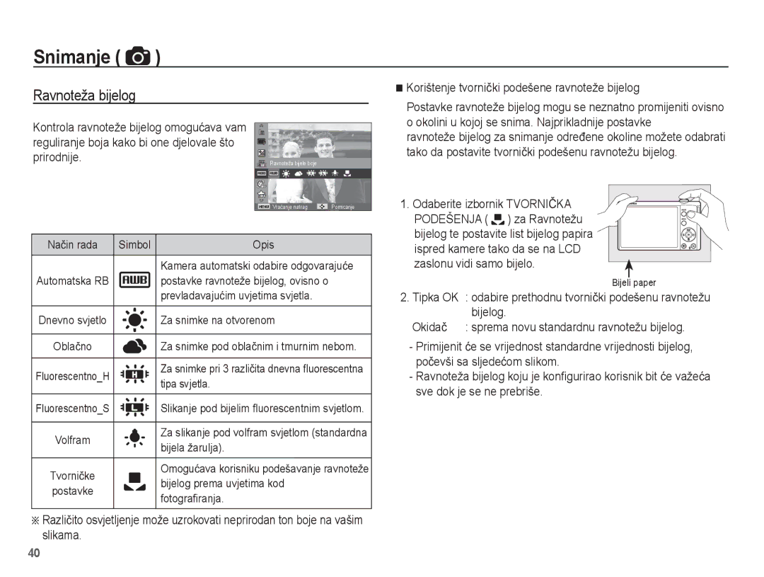 Samsung EC-ST60ZZBPBE3, EC-ST60ZZBPRE3, EC-ST60ZZBPSE3, EC-ST60ZZBPLE3 manual Ravnoteža bijelog, Prirodnije 