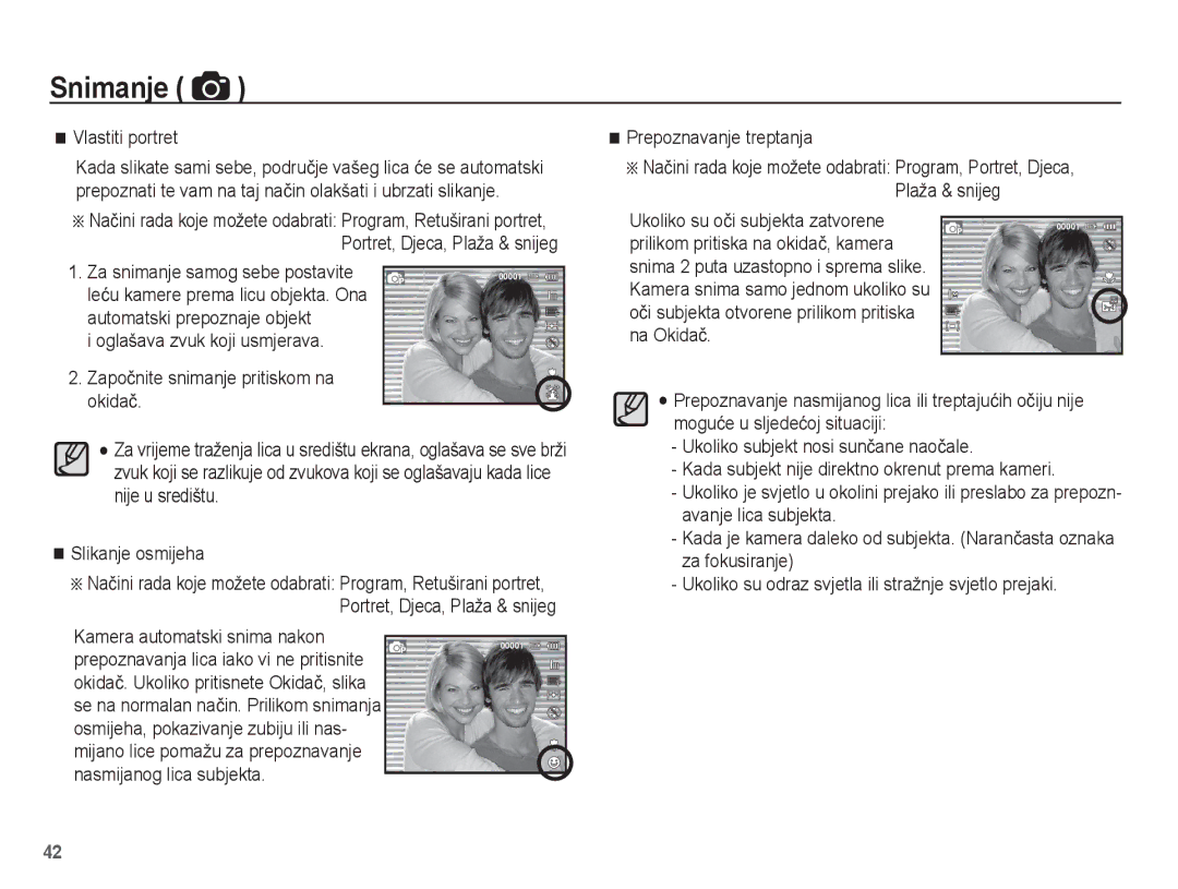 Samsung EC-ST60ZZBPLE3, EC-ST60ZZBPRE3, EC-ST60ZZBPBE3 manual Vlastiti portret, Slikanje osmijeha, Prepoznavanje treptanja 