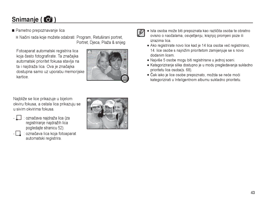 Samsung EC-ST60ZZBPRE3, EC-ST60ZZBPBE3, EC-ST60ZZBPSE3, EC-ST60ZZBPLE3 manual Pametno prepoznavanje lica 