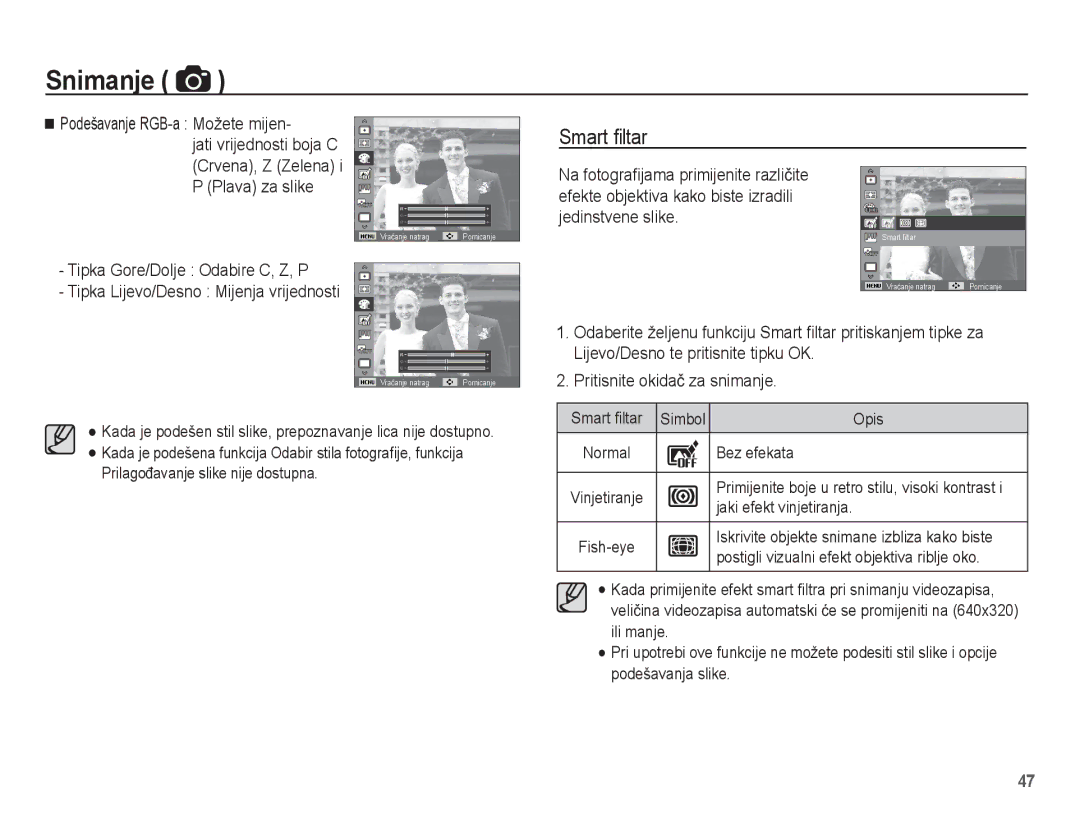 Samsung EC-ST60ZZBPRE3, EC-ST60ZZBPBE3, EC-ST60ZZBPSE3, EC-ST60ZZBPLE3 manual Smart ﬁltar, Podešavanje RGB-a Možete mijen 