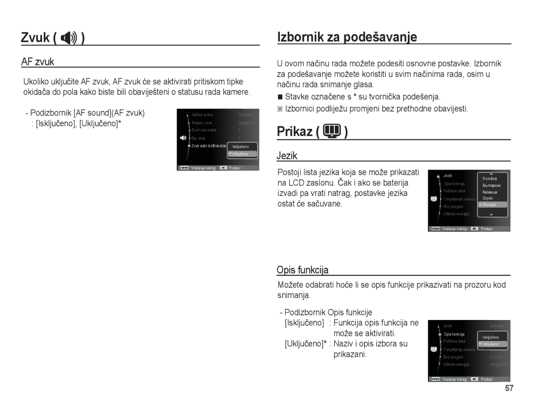 Samsung EC-ST60ZZBPSE3, EC-ST60ZZBPRE3, EC-ST60ZZBPBE3 manual Izbornik za podešavanje, Prikaz, AF zvuk, Jezik, Opis funkcija 