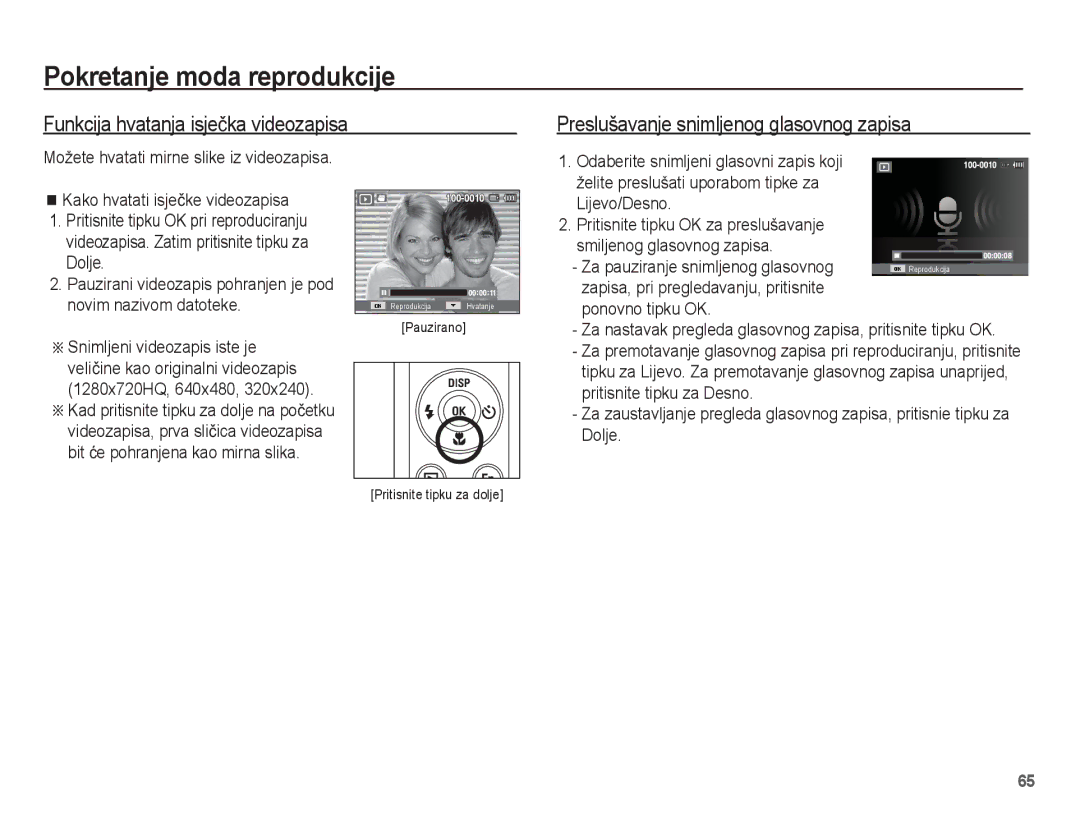 Samsung EC-ST60ZZBPSE3, EC-ST60ZZBPRE3 Funkcija hvatanja isjeþka videozapisa, Preslušavanje snimljenog glasovnog zapisa 