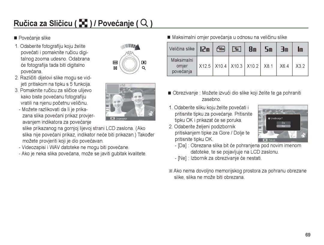 Samsung EC-ST60ZZBPSE3, EC-ST60ZZBPRE3 Poveüanje slike, Avanjem indikatora za poveüanje, Tipku OK i prikazat üe se poruka 