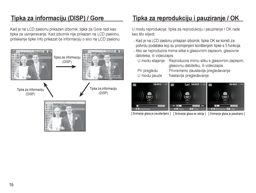 Samsung EC-ST60ZZBPLE3 manual Tipka za informaciju Disp / Gore, Tipka za reprodukciju i pauziranje / OK, ·Pri pregledu 