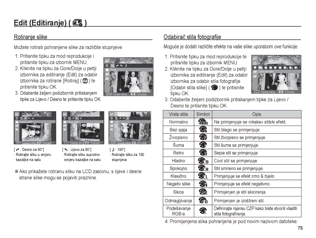 Samsung EC-ST60ZZBPRE3 manual Rotiranje slike, Odabiraþ stila fotografije, Odabir stila slike Te pritisnite Tipku OK 