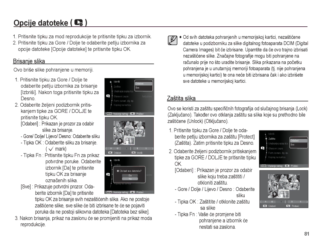 Samsung EC-ST60ZZBPSE3, EC-ST60ZZBPRE3, EC-ST60ZZBPBE3, EC-ST60ZZBPLE3 manual Opcije datoteke, Brisanje slika, Zaštita slika 