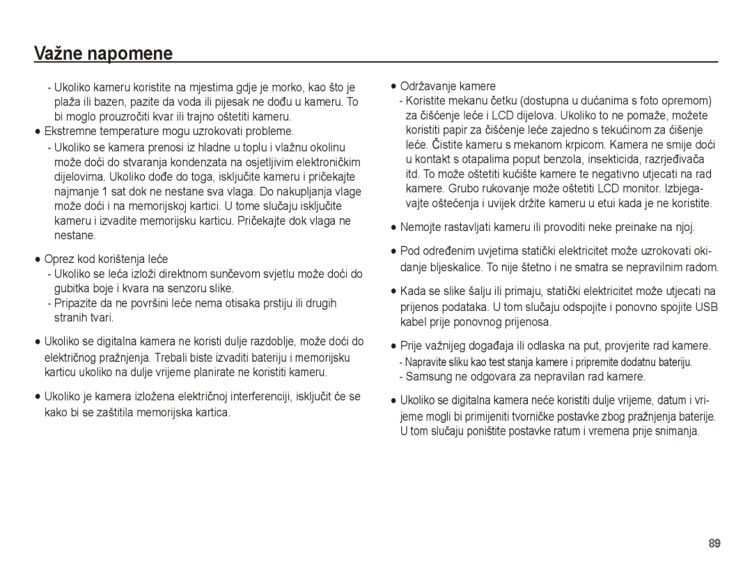 Samsung EC-ST60ZZBPSE3 manual Ekstremne temperature mogu uzrokovati probleme, Samsung ne odgovara za nepravilan rad kamere 