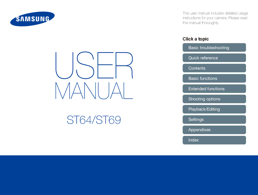 Samsung EC-ST64ZZBDBSA, EC-ST64ZZDPBIR, EC-ST64ZZDPSIR, EC-ST64ZZDPPIR, EC-ST64ZZBDSSA manual Click a topic, Appendixes Index 