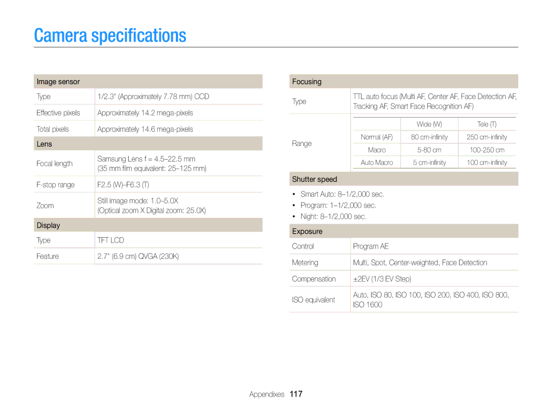 Samsung EC-ST64ZZDPPIR, EC-ST64ZZDPBIR, EC-ST64ZZBDBSA, EC-ST64ZZDPSIR, EC-ST64ZZBDSSA manual Camera speciﬁcations 