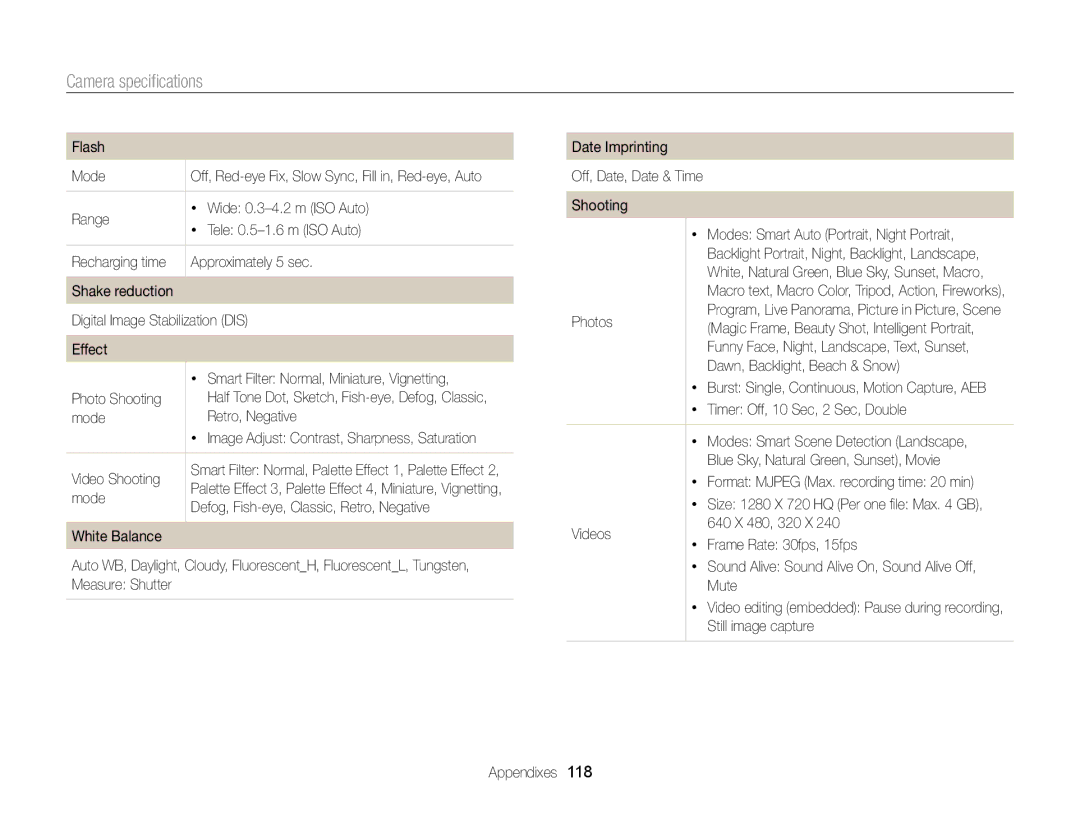 Samsung EC-ST64ZZBDSSA, EC-ST64ZZDPBIR, EC-ST64ZZBDBSA, EC-ST64ZZDPSIR, EC-ST64ZZDPPIR manual Camera speciﬁcations 