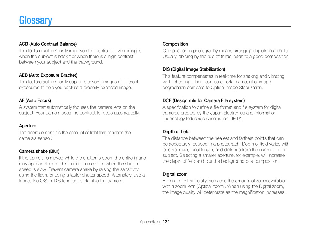 Samsung EC-ST64ZZDPSIR, EC-ST64ZZDPBIR, EC-ST64ZZBDBSA, EC-ST64ZZDPPIR Glossary, AF Auto Focus, Composition, Digital zoom 