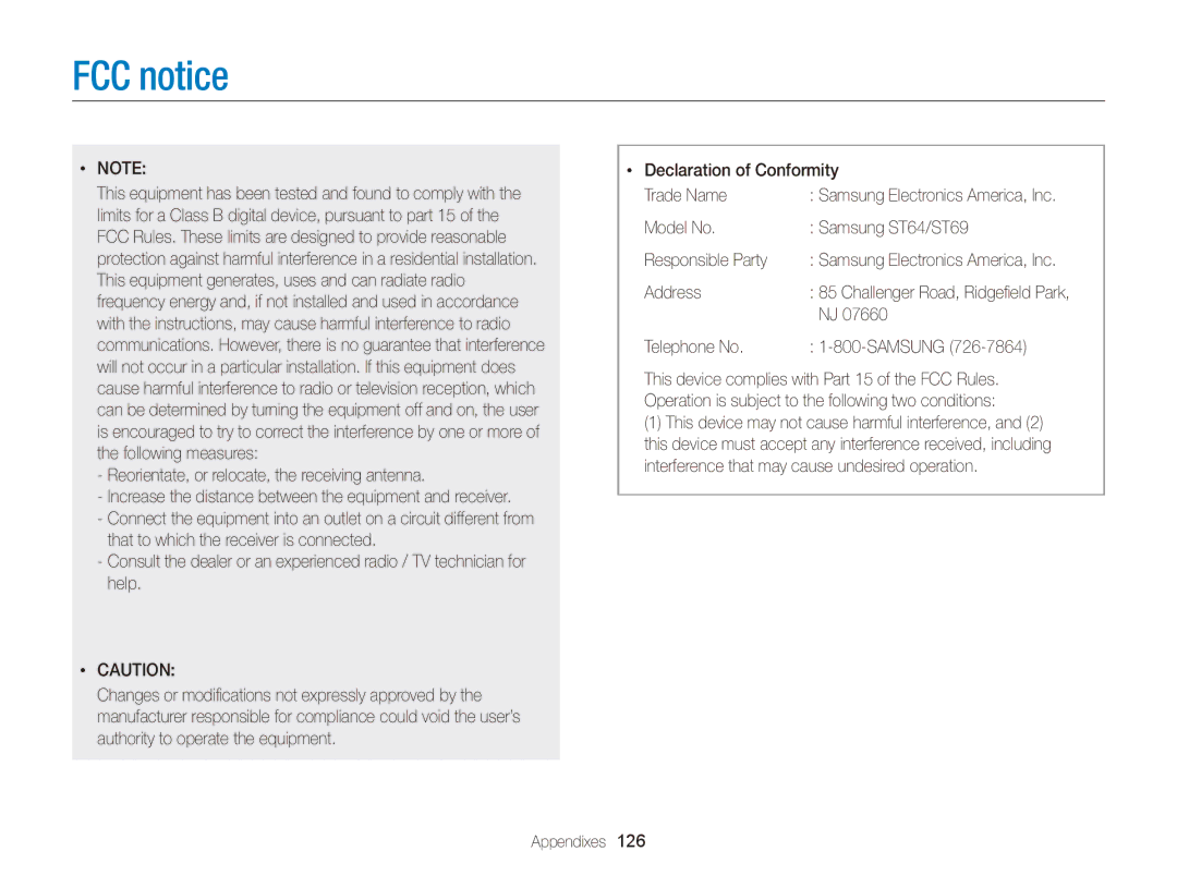 Samsung EC-ST64ZZDPSIR manual FCC notice, Model No Samsung ST64/ST69 Responsible Party, Address, Telephone No Samsung 