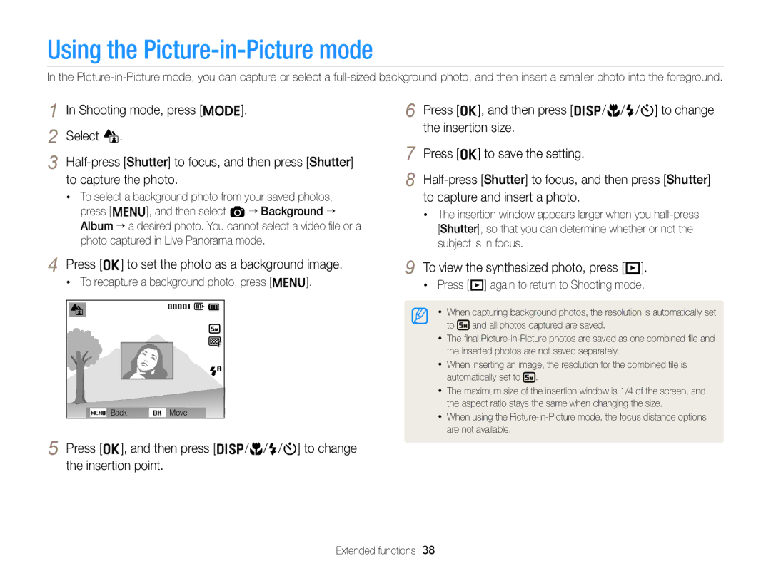 Samsung EC-ST64ZZBDSSA, EC-ST64ZZDPBIR Using the Picture-in-Picture mode, Press o to set the photo as a background image 