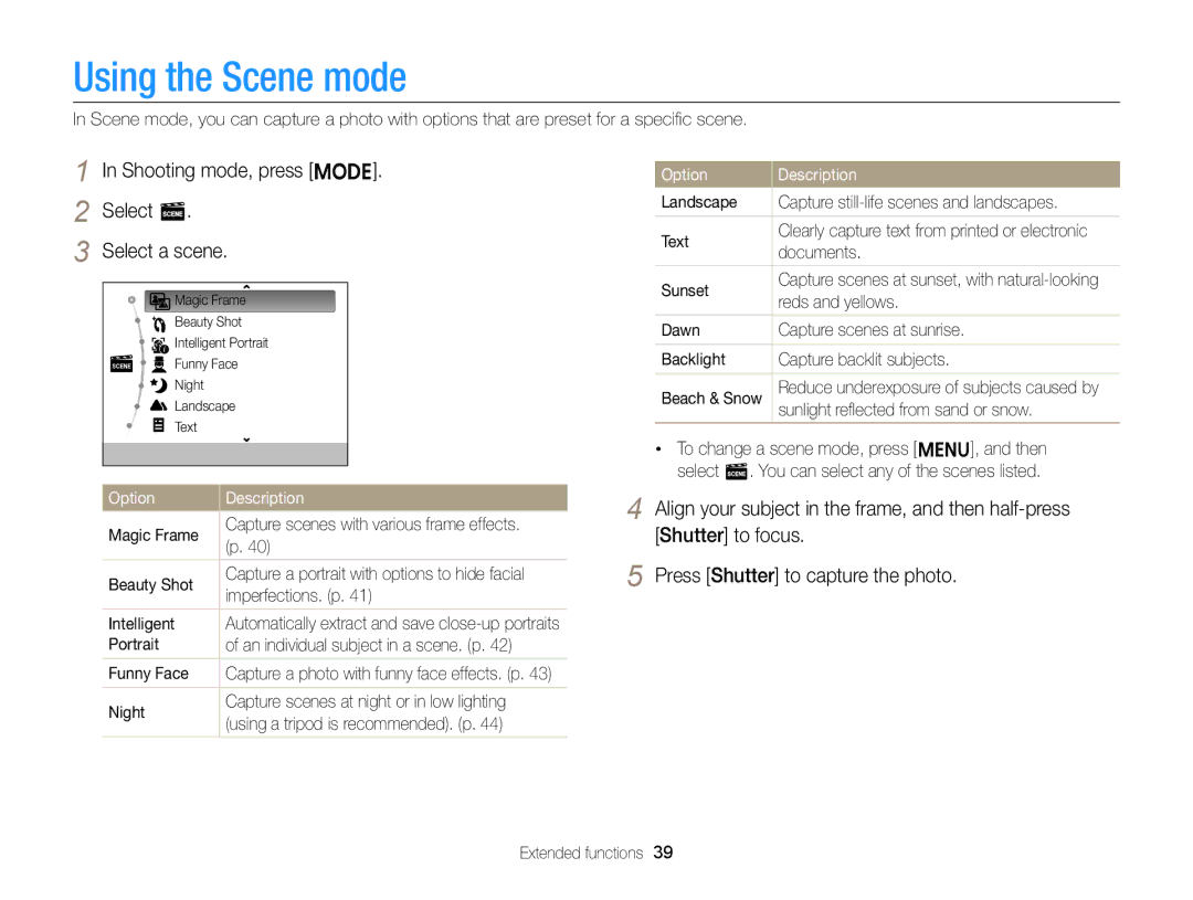 Samsung EC-ST64ZZDPBIR, EC-ST64ZZBDBSA, EC-ST64ZZDPSIR Using the Scene mode, Shooting mode, press M Select s Select a scene 