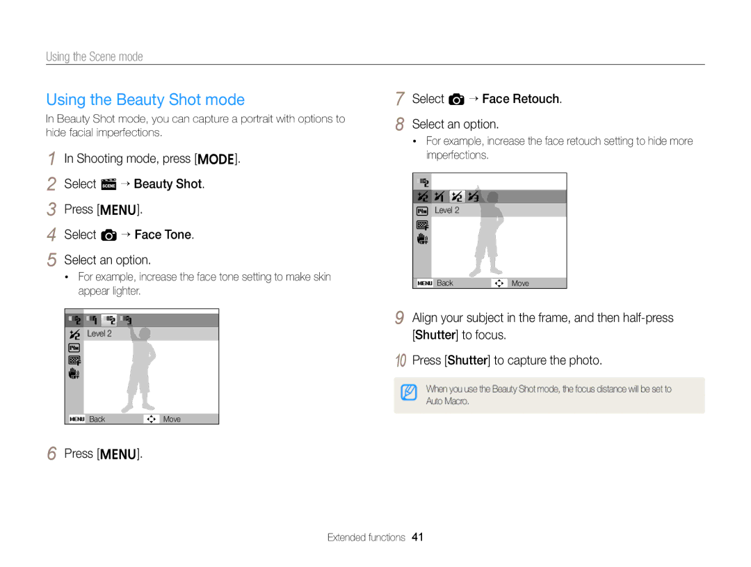 Samsung EC-ST64ZZDPSIR, EC-ST64ZZDPBIR manual Using the Beauty Shot mode, Press m Select a “ Face Retouch Select an option 